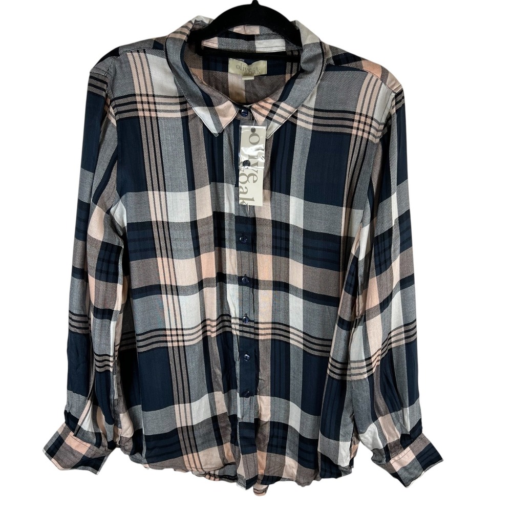 Olive & Oak Plaid Button Down Shirt Navy Peach‎ White Rayon Long Sleeve XXL NEW